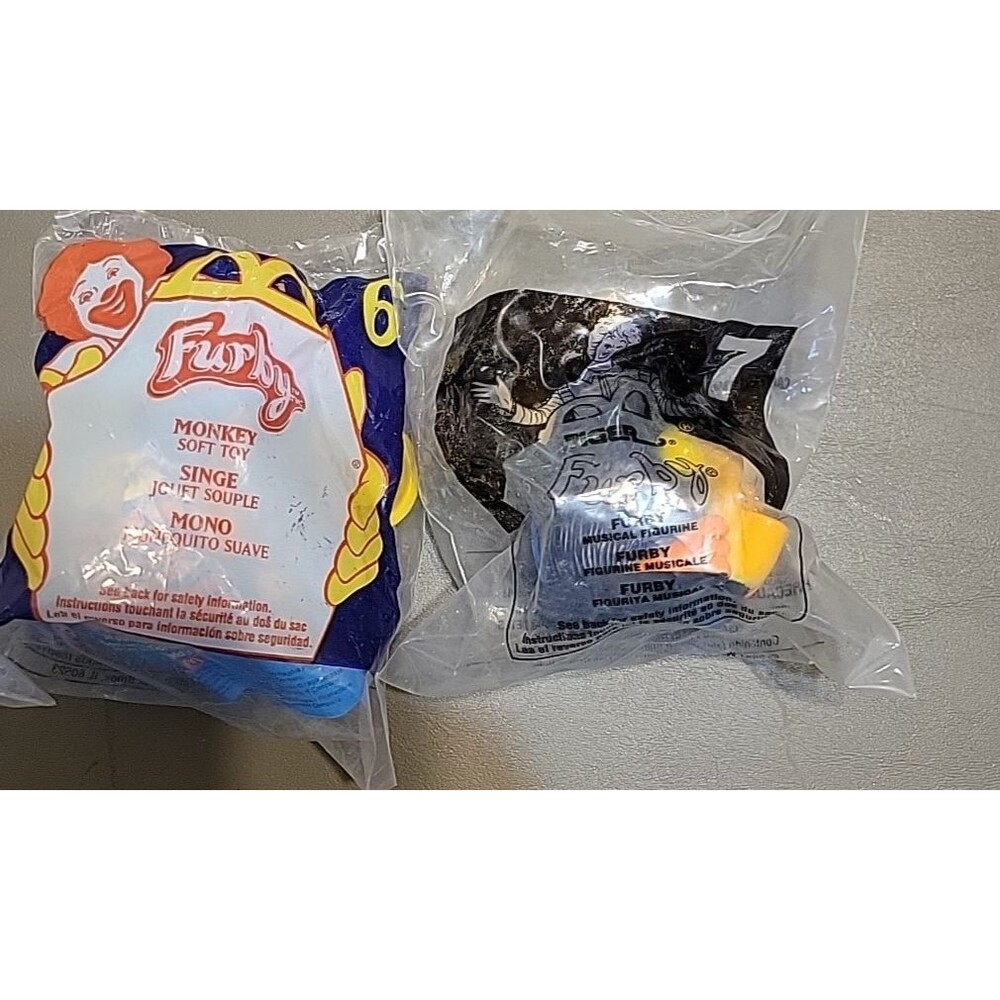 Vtg 2000 Furby Monkey Plush Keychain & plastic toy 2001 McDonalds Happy Meal
